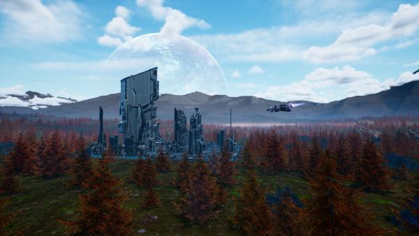 Large city on planet with a huge planet on background