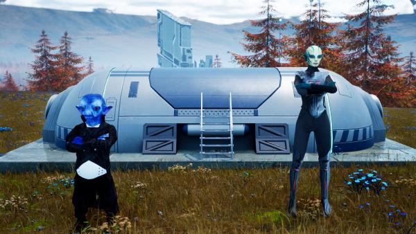 Two aliens and a resource harvester behind them overlooking to large city on the background